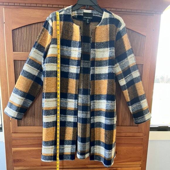 Navy Blue and Gold Plaid Cynthia Rowley Wool Blend Long Jacket, M - Picture 2 of 6